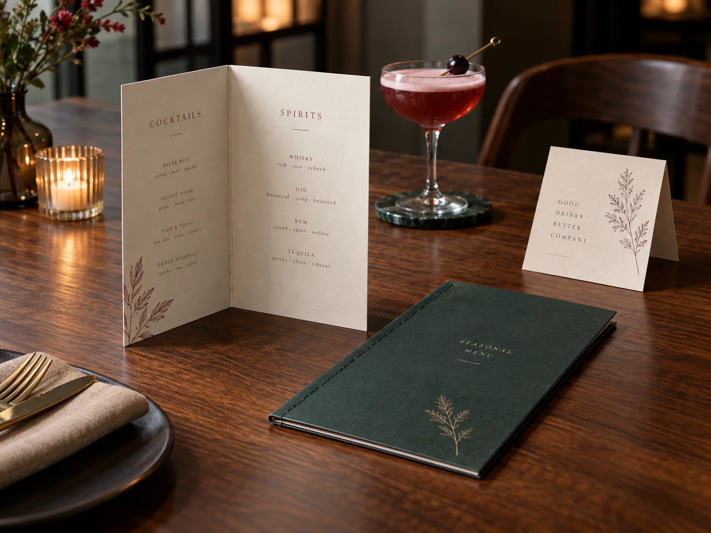 Drinks menus and hospitality printed pieces